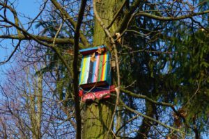 Ein buntes Vogelhäuschen im Goldsteinpark in Bad Nauheim