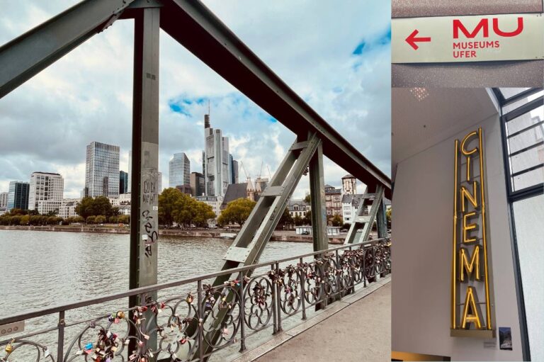 Ein Mix aus Eiserner Steg Frankfurt und Museumsufer sowie das Schild des Cinema vom Deutschen Filmmuseum ist zu sehen.